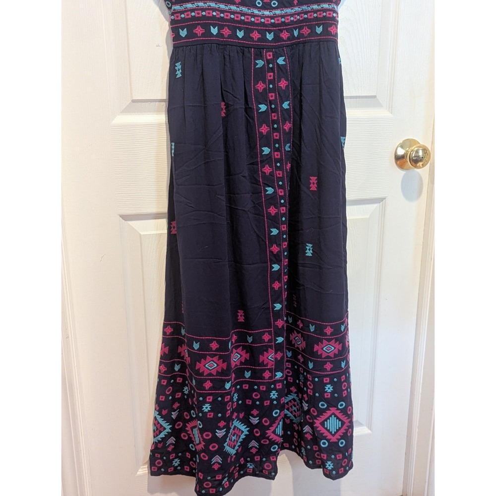 Boho Southwest Embroidered Maxi Dress Tie Strap Navy Savanna Jane L - Picture 4 of 9